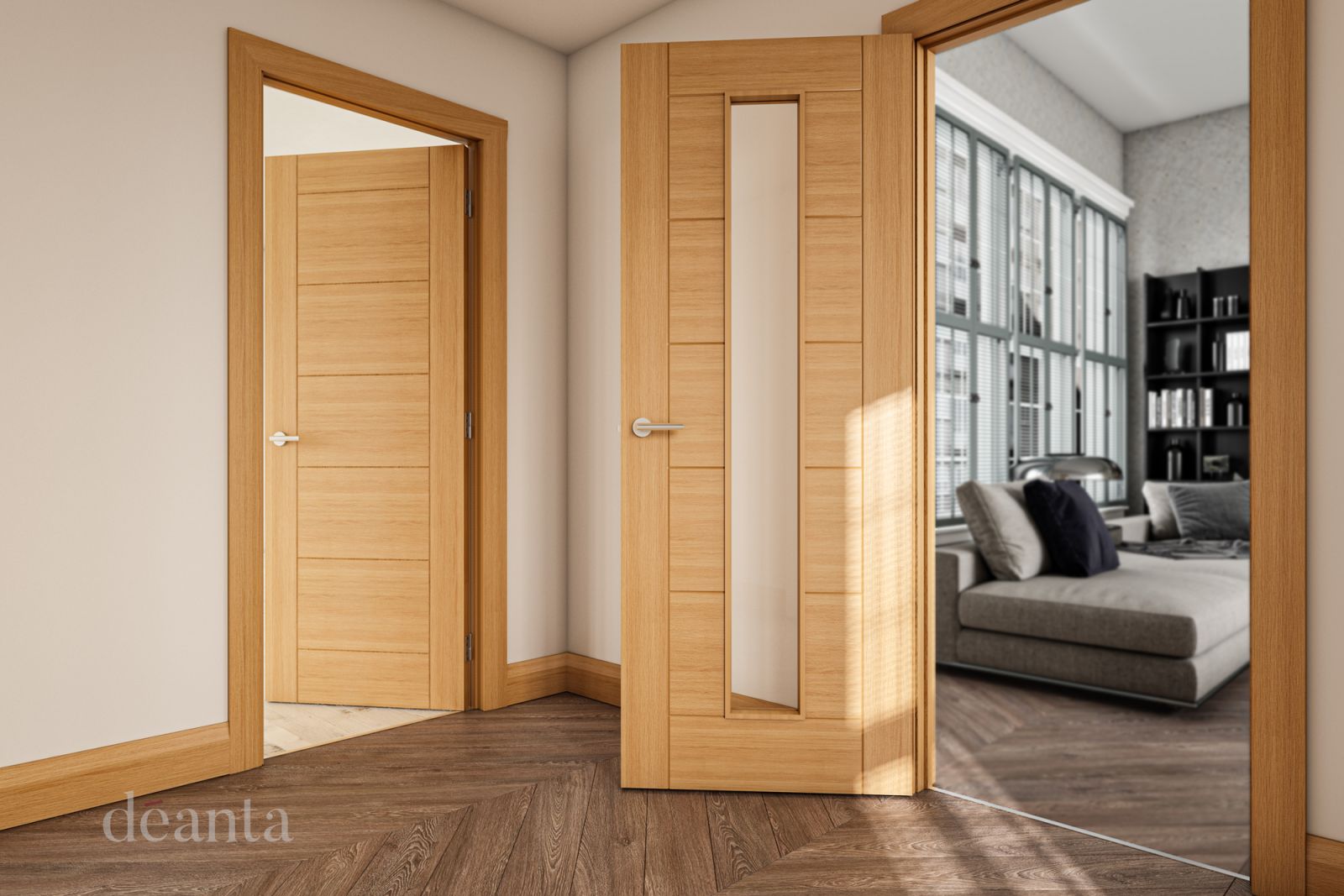 Internal Oak Seville 1L (CLEAR GLASS) FD30 44mm Pre-Finished Fire Door - Image 2