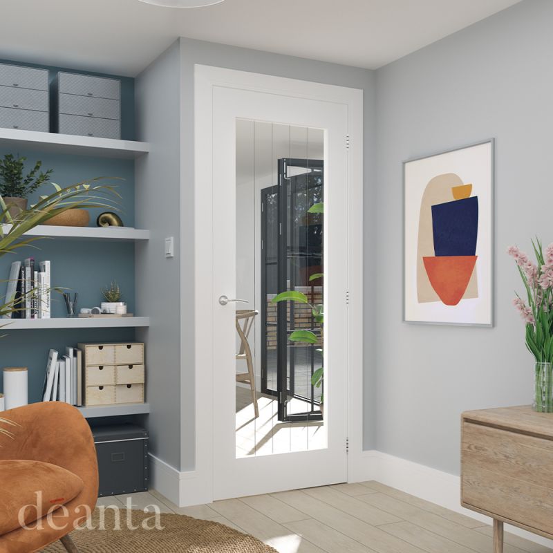 Internal White Primed Ely 1L Full (CLEAR GLASS GROOVED LINES) Solid Core Door - Image 2
