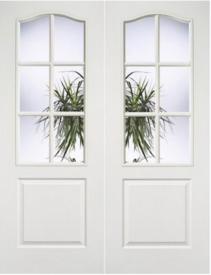 White Primed Classic 6 Light Pair - Clear Bevelled Glass - Woodgrain - REBATED PAIRS - DG